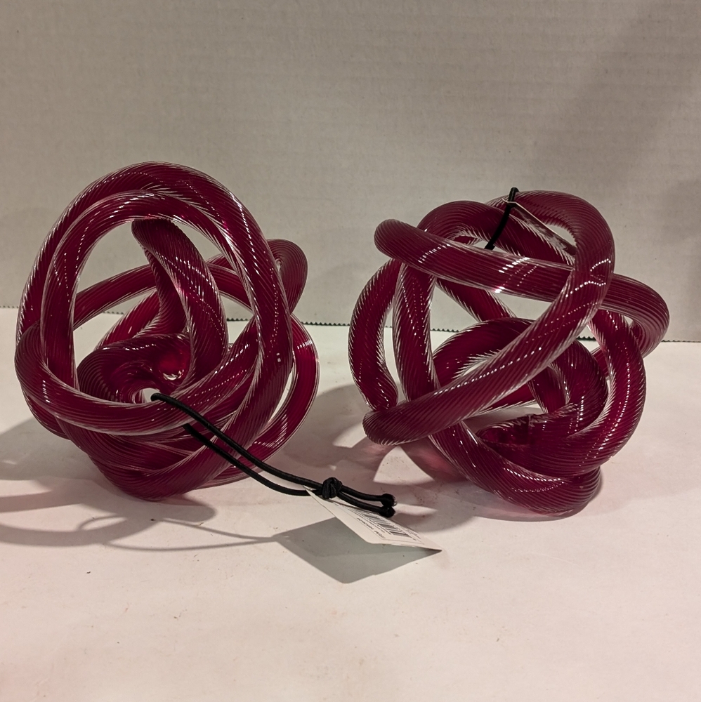 2 Red Optic Infinity Knot Art Glass Sculpture, Paperweight.  With Bowring tags.